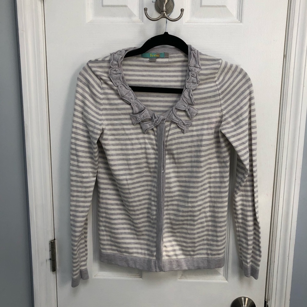 BODEN 6 Striped Grey Cardigan Sweater Bow Accent Button Down 100% COTTON